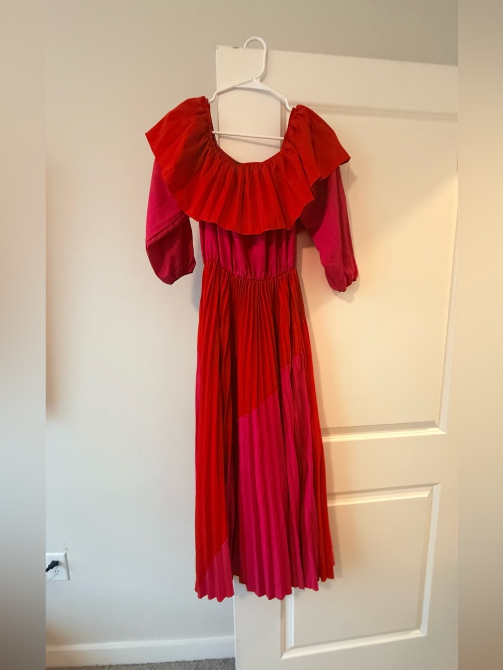 Alisa Style Red Pink Colorblock Pleated Ruffle Off Shoulder Maxi Dress❤️
